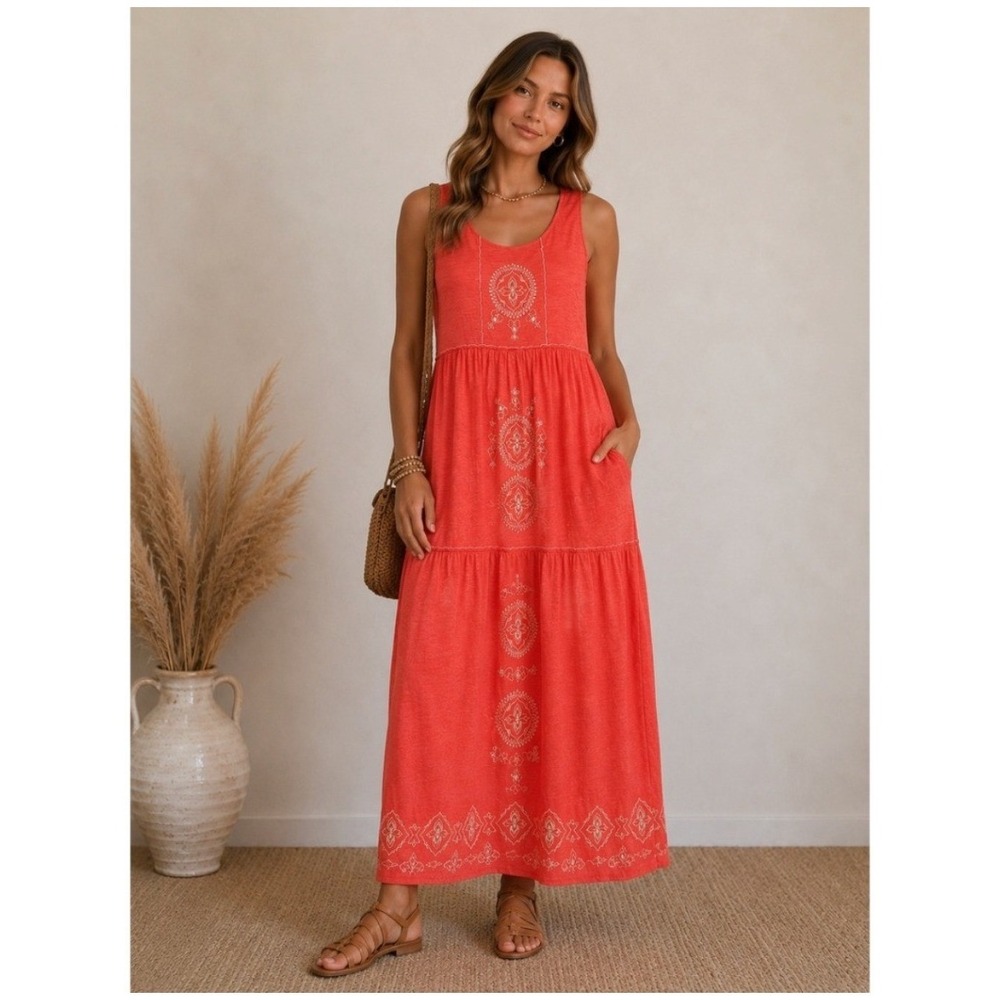 J. Jill Maxi Dress Small Coral Pink Casual Coastal Boho Folk Embroidered Tiered